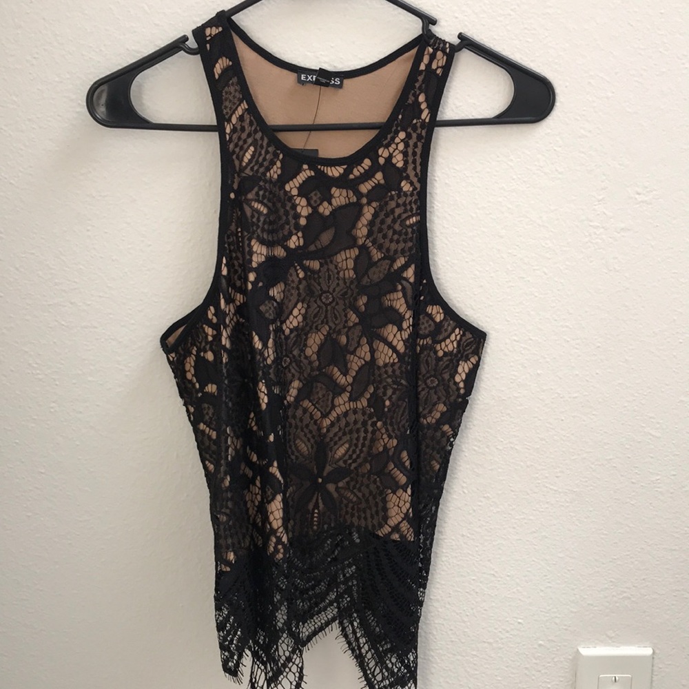 NWT black lace racer front crop top